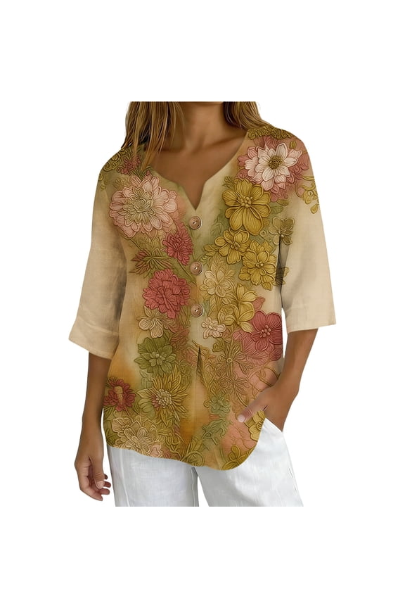 Women's Pineapple Print Blouse 3/4 Sleeve V Neck Button Down Shirt Summer Casual Tropical Vacation Top