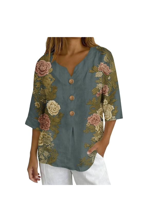 Women's Pineapple Print Blouse 3/4 Sleeve V Neck Button Down Shirt Summer Casual Tropical Vacation Top