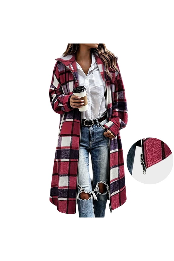 Women's Plaid Cardigan Long Sleeve Open Front Duster Coat with Pockets Lapel Collar Oversized Sweater for Fall Winter