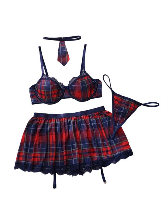 Women's Plaid Lingerie Set Lace Suspender Dress Bra Splicing Garter Belt Costume Comfortable Breathable For Halloween Party Date Night