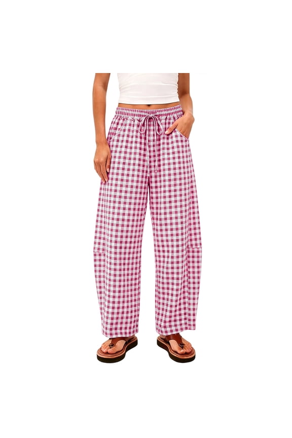 Women's Plaid Pants High Waisted Wide Leg Capri Pants Casual Loose Fit Drawstring Elastic Waist Baggy Trousers with Pockets for Summer Daily Vacation