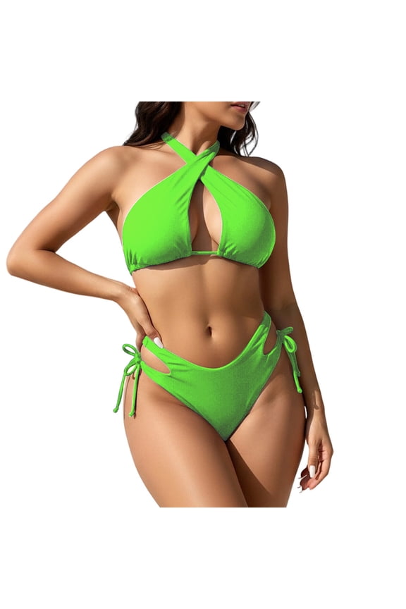 Women's Plunge Neck Tie Side High Waisted Two Piece Bikini Set, Plus Size S - 2XL, Nylon Spandex Matte Finish Swimwear for Women, Beach Swimwear for Vacation Pool Party