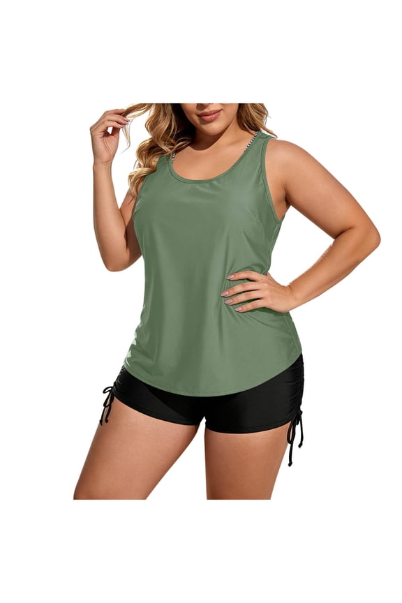 Women's Plus Size 3 Piece Tankini Swimsuit Set, High Waisted Drawstring Swim Trunks, Modest Swimwear with Built - in Bra Pads, Nylon Spandex, S - 3XL