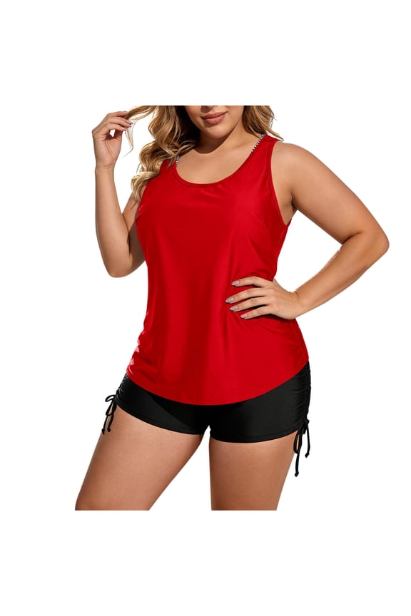 Women's Plus Size 3 Piece Tankini Swimsuit Set, High Waisted Drawstring Swim Trunks, Modest Swimwear with Built - in Bra Pads, Nylon Spandex, S - 3XL