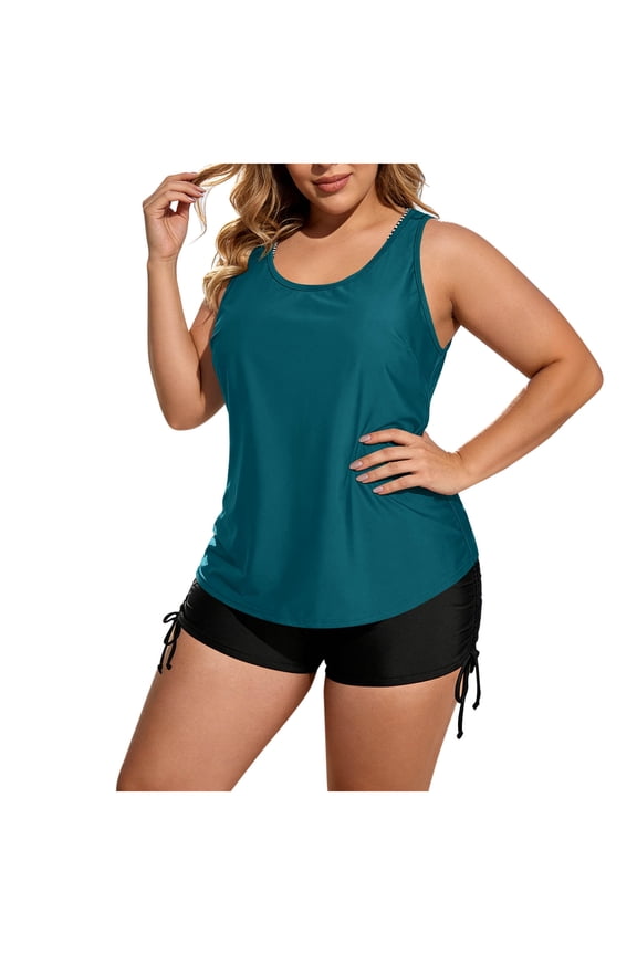 Women's Plus Size 3 Piece Tankini Swimsuit Set, High Waisted Drawstring Swim Trunks, Modest Swimwear with Built - in Bra Pads, Nylon Spandex, S - 3XL