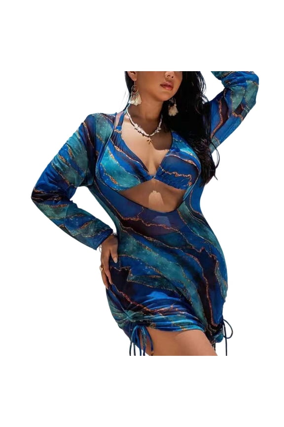 Women's Plus Size Bikini Set 3 Piece Mesh Printed Long Sleeve Sun Protection Cover Up Drawstring Pleated Swimsuit High Waisted Bathing Suit For Beach Vacation
