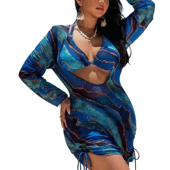 Levmjia Women's Plus Size Bikini Set 3 Piece Mesh Printed Long Sleeve Sun Protection Cover Up Drawstring Pleated Swimsuit High Waisted Bathing Suit For Beach Vacation