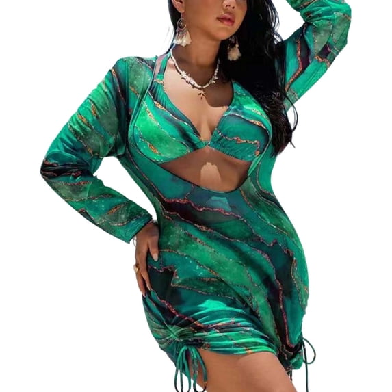 Levmjia Women's Plus Size Bikini Set 3 Piece Mesh Printed Long Sleeve Sun Protection Cover Up Drawstring Pleated Swimsuit High Waisted Bathing Suit For Beach Vacation