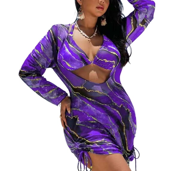 Levmjia Women's Plus Size Bikini Set 3 Piece Mesh Printed Long Sleeve Sun Protection Cover Up Drawstring Pleated Swimsuit High Waisted Bathing Suit For Beach Vacation