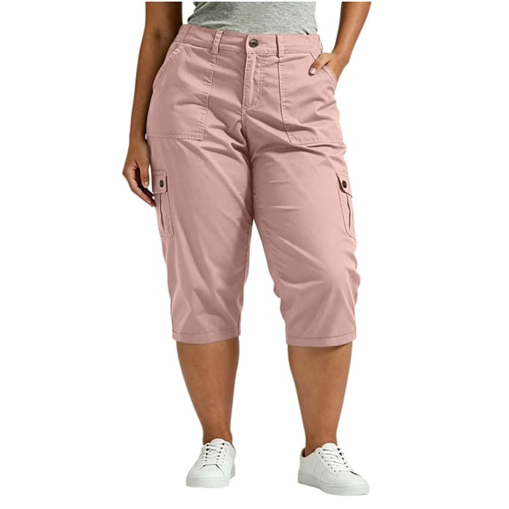 Levmjia Women's Plus Size Cargo Shorts Summer High Waisted Solid Color Mid Rise Pocketed Bermuda Shorts with Elastic Waist for Casual Daily