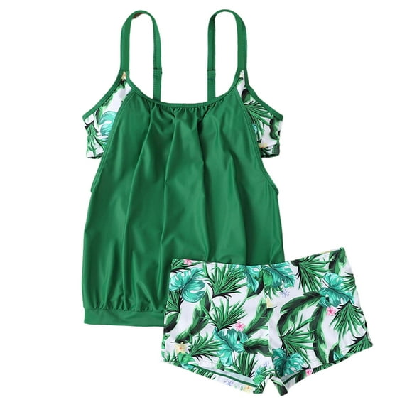 Levmjia Women's Plus Size Conservative Tankini Set, Tropical Leaf Print Swimwear, Nylon Spandex Swimsuit, 2 - Piece Bikini for Women S - 4XL, Modest Swimwear Separates