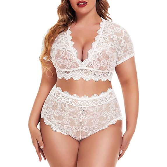 Levmjia Women's Plus Size Lace Lingerie Set Deep V Backless Pajamas For Valentine Bedroom Romantic Nights Comfortable Stretchy Breathable