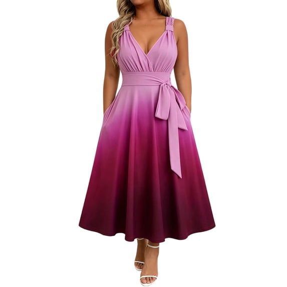 Levmjia Women's Plus Size Maxi Dress Summer Sleeveless V Neck Tie Waist A Line Dress with Pockets Casual Beach Vacation Long Dress