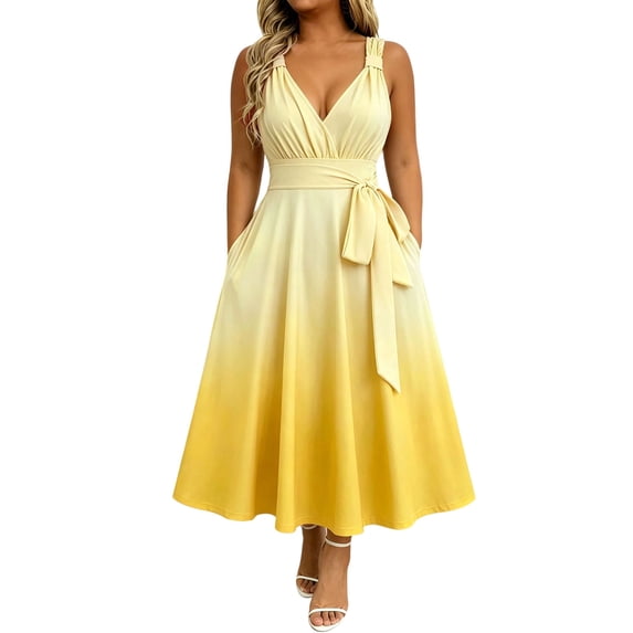 Levmjia Women's Plus Size Maxi Dress Summer Sleeveless V Neck Tie Waist A Line Dress with Pockets Casual Beach Vacation Long Dress