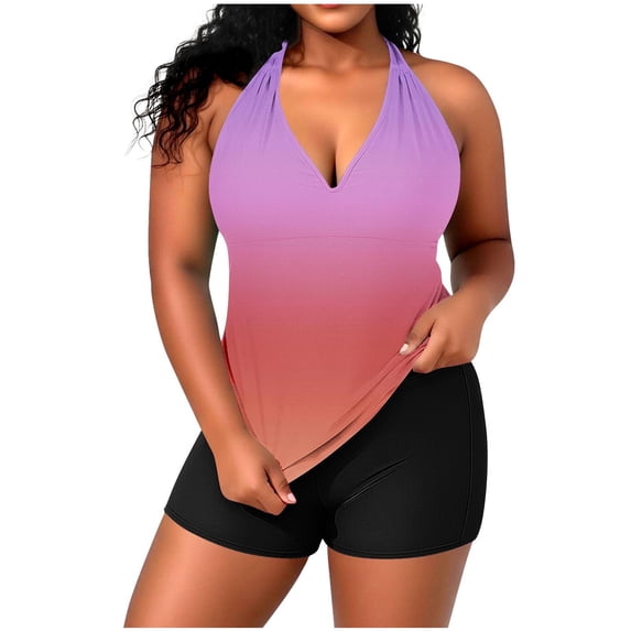 Levmjia Women's Plus Size Tankini Swimsuit Set Adjustable Halter Swim Top with Padding Nylon Spandex Tummy Control High Neck Swimwear XL - 5XL