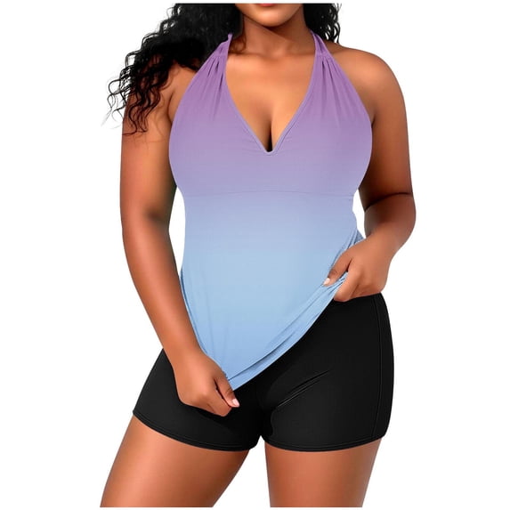 Levmjia Women's Plus Size Tankini Swimsuit Set Adjustable Halter Swim Top with Padding Nylon Spandex Tummy Control High Neck Swimwear XL - 5XL