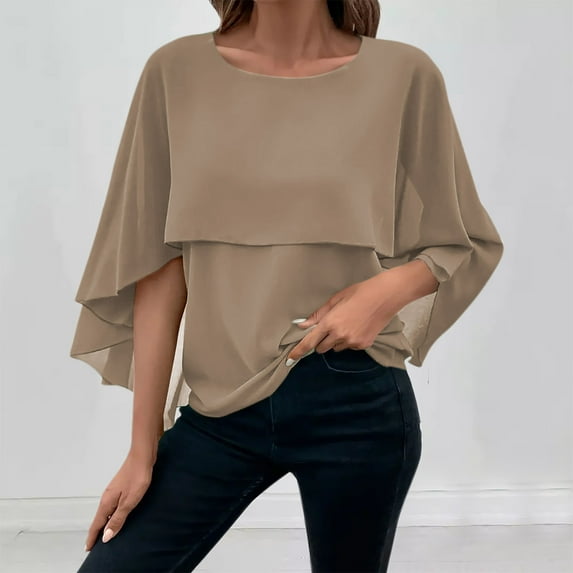 Levmjia Women's Plus Size Tops Round Neck Pullover Chiffon Spring And Summer Solid Color Cloak Sleeve Layered Fashion Plus Size Loose Slim T-Shirt