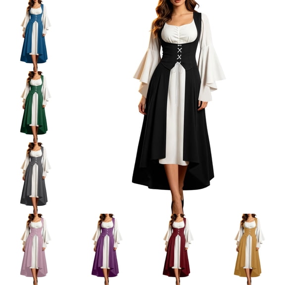 Levmjia Women's Renaissance Medieval Dress Long Sleeve Square Neck Lace Up Plus Size Corset Dress Costume Victorian Goth Pirate Cosplay Evening Party Gown