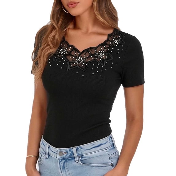 Levmjia Women's Rhinestone Embellished Top Crew Neck Short Sleeve Slim Fit Casual Summer Solid Color Aesthetic Going Out Tee
