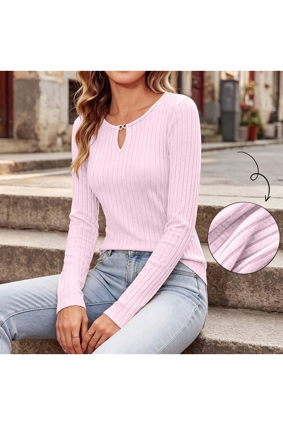 Women's Rib Knit Sweater Long Sleeve Keyhole Neck Solid Color Casual Office Work Top Soft Stretch Pullover for Spring Autumn Winter
