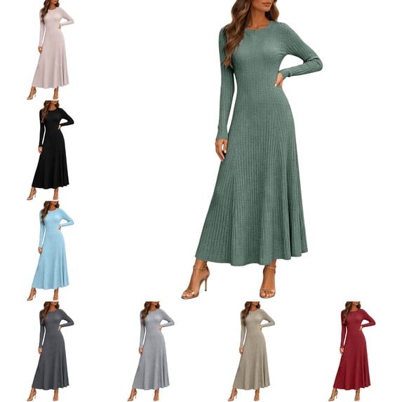 Levmjia Women's Ribbed Knit Sweater Dress Crewneck Long Sleeve A-Line Maxi Dress Casual Loose Fit Solid Color Fall Winter Outfits