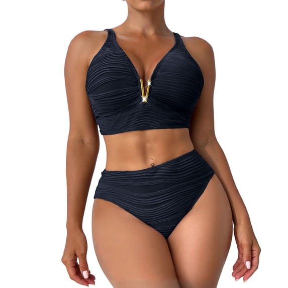 Levmjia Women's Ruched Deep V High Waisted Bikini Swimsuit Set,Halter Tankini Top + Bottom Two Piece Bathing Suit for Women, Swimsuits for Juniors Teens Summer Beach Vacation