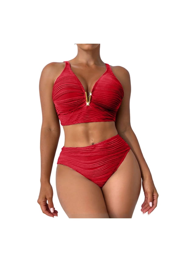 Women's Two Piece Swimsuits Deep V Bikini Set Solid Color Tummy Control High Waisted Ruched Bathing Suits Beach Vacation