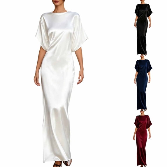 Levmjia Women's Satin Evening Dress Short Sleeve Maxi Dress Boat Neck A Line Formal Dress Flowy Cocktail Party Gown