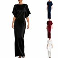 thumbnail image 1 of Levmjia Women's Satin Evening Dress Short Sleeve Maxi Dress Boat Neck A Line Formal Dress Flowy Cocktail Party Gown, 1 of 5