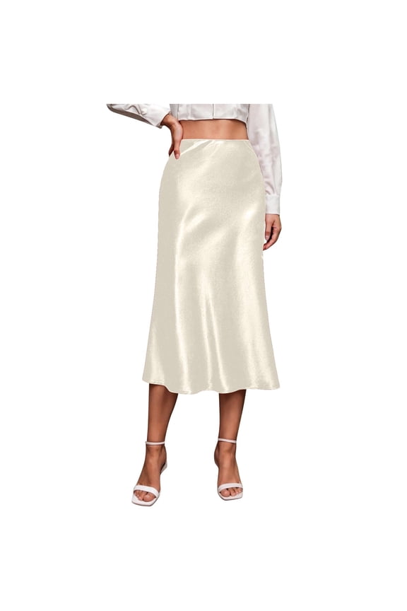 Women's Satin Midi Skirt Elegant A-Line Silk High Waisted Side Zipper Stretch Comfortable Casual Work Office Long Skirt
