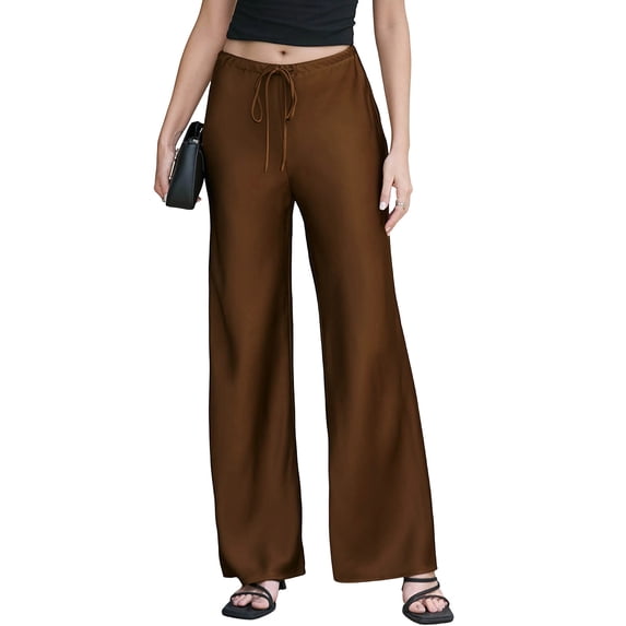 Levmjia Women's Satin Wide Leg Pants High Waisted Lounge Pants with Pockets Adjustable Drawstring Casual Trousers for Evening