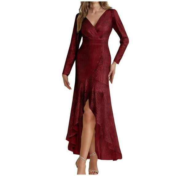 Levmjia Women's Sequin V Neck Zipper Fish Tail Skirt Solid Color Bodycon Dress Long Sleeve Party Cocktail Dress Elegant Formal Evening Gown Daily Wear