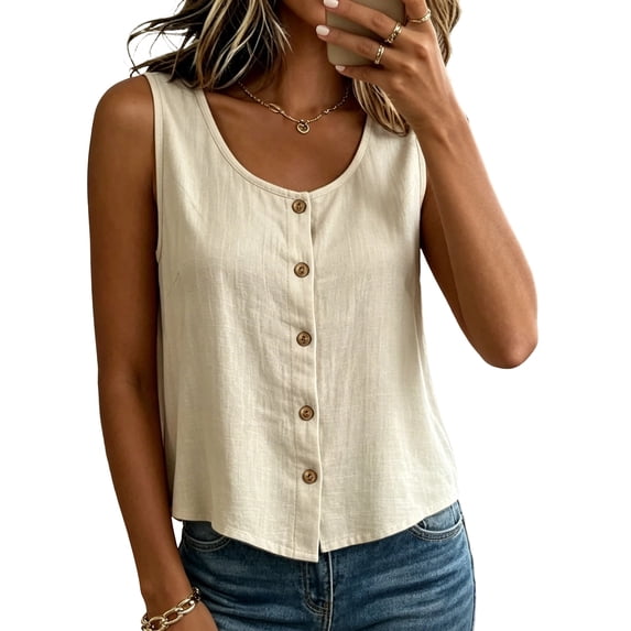 Levmjia Women's Sleeveless Button Down Tank Top Solid Color Crew Neck Casual Summer Blouse Loose Fit U Neck Button Up Shirt