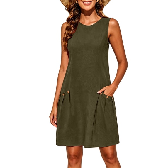 Levmjia Women's Sleeveless Dress Casual Solid Color Round Neck A Line Dress with Pockets Button Detail Loose Fit Shift Dress for Women Daily Summer Vacation