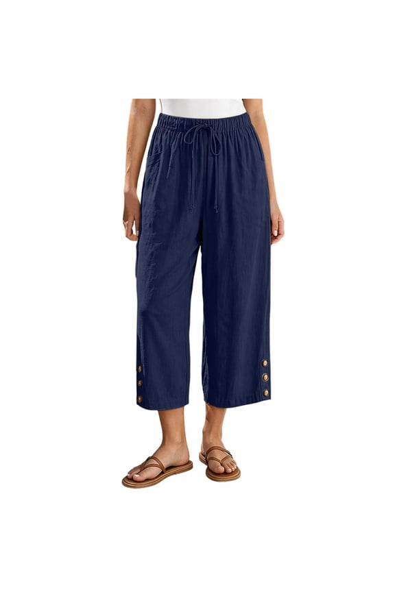 Women's Solid Color Capri Pants High Waisted Drawstring Elastic Waist Casual Cropped Pants with Decorative Button Detail Wide Leg Lounge Trousers
