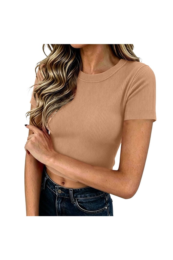 Women's Solid Color Crew Neck Short Sleeve Workout Top Casual Rib Knit Yoga T Shirt Loose Fit Summer Essential