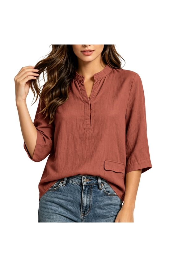 Women's Solid Color Mandarin Collar Blouse 3/4 Sleeve Casual Button Down Shirt Loose Fit Tops for Daily Summer
