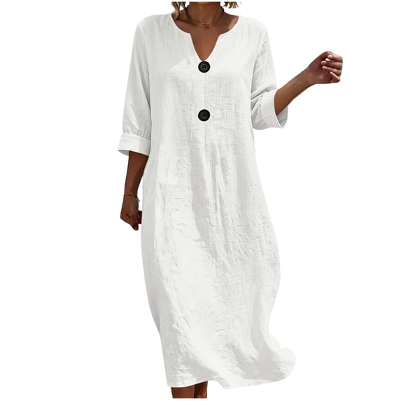 Levmjia Women's Solid Color Midi Dress Casual V Neck 3/4 Sleeve Button Down Shirt Dress with Big Buttons Rolled Cuffs Loose Fit A Line Flare Swing Dress for Summer