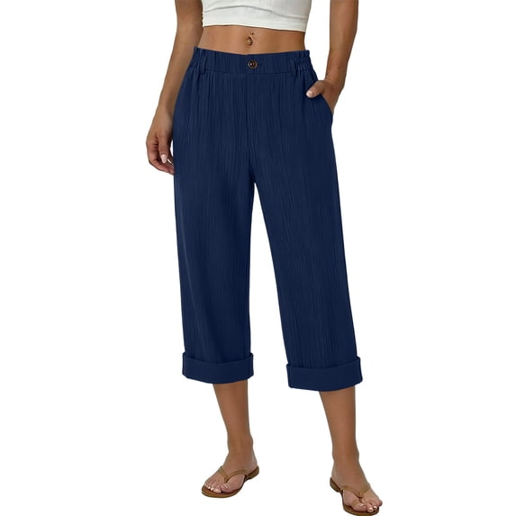Levmjia Women's Solid Color Straight Leg Capri Pants High Rise Elastic Waist Button Detail Wide Leg Cropped Trousers with Pockets Casual Summer Beach Pants