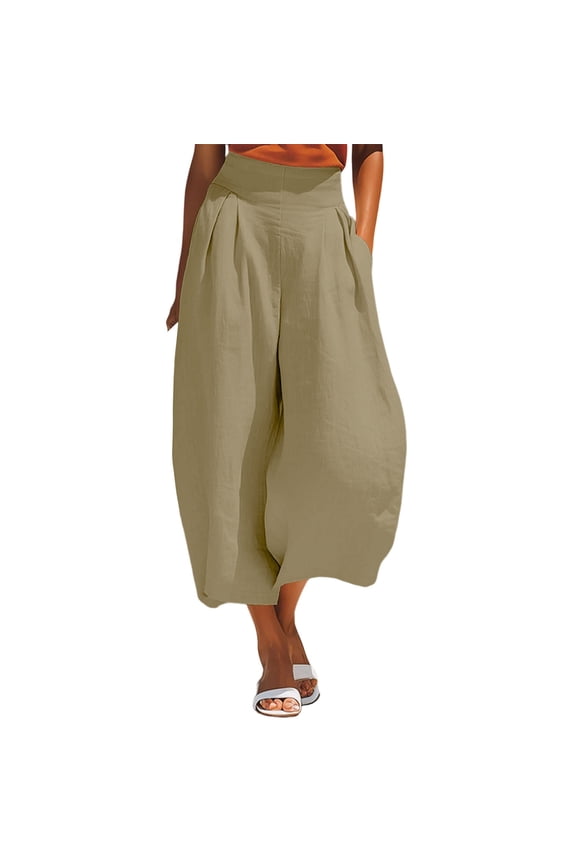 Women's Solid Color Wide Leg Pants High Waisted Casual Loose Fit Capri Pants with Pockets Elastic Waist for Summer Daily Wear