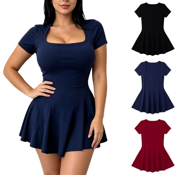 Levmjia Women's Square Neck Dress Short Sleeve Bodycon Mini Dress Casual Solid Color A Line Skater Dress Stretchy Sexy Clubwear for Women Summer
