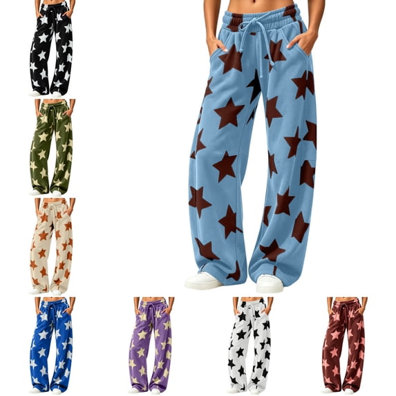 Levmjia Women's Star Print Wide Leg Pants High Waisted Casual Loose Fit Pants with Pockets Drawstring Elastic Waist Sweatpants for Women