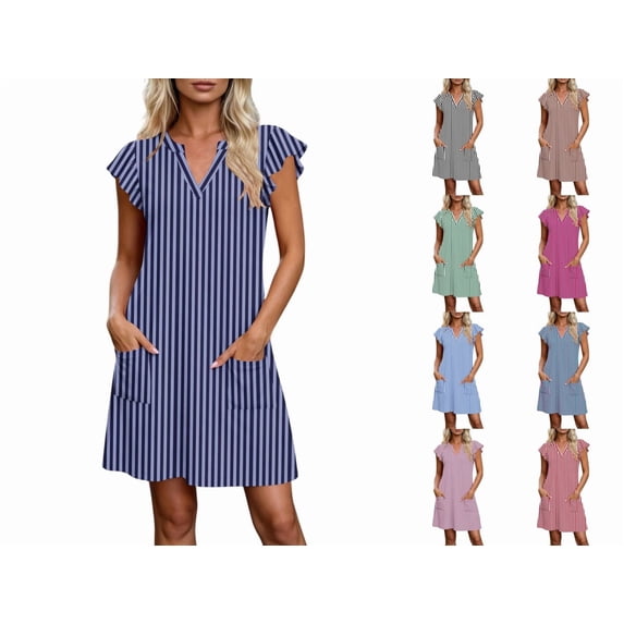 Levmjia Women's Striped Dress Summer Sleeveless V Neck Casual Pocket Shift Dress Cute A Line above Knee Length Dress for Women Daily Vacation Beach Sundress