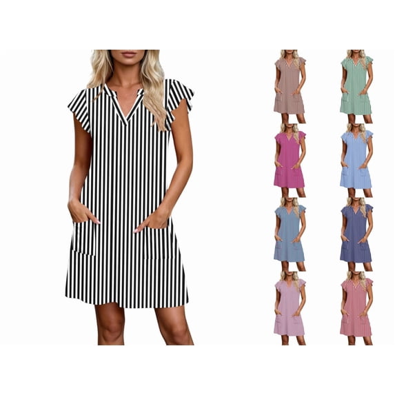 Levmjia Women's Striped Dress Summer Sleeveless V Neck Casual Pocket Shift Dress Cute A Line above Knee Length Dress for Women Daily Vacation Beach Sundress