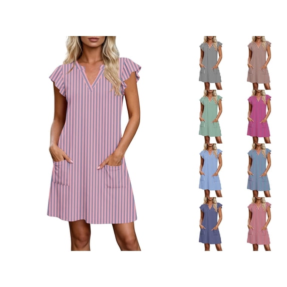 Levmjia Women's Striped Dress Summer Sleeveless V Neck Casual Pocket Shift Dress Cute A Line above Knee Length Dress for Women Daily Vacation Beach Sundress