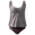 thumbnail image 1 of Levmjia Women's Striped Tankini Swimwear Set, Nylon Spandex Ruffled Swim Top & High Waisted Bottom, Tummy Control Plus Size Swimsuit S - 2XL for Beach Swim, 1 of 4