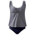 thumbnail image 1 of Levmjia Women's Striped Tankini Swimwear Set, Nylon Spandex Ruffled Swim Top & High Waisted Bottom, Tummy Control Plus Size Swimsuit S - 2XL for Beach Swim, 1 of 4