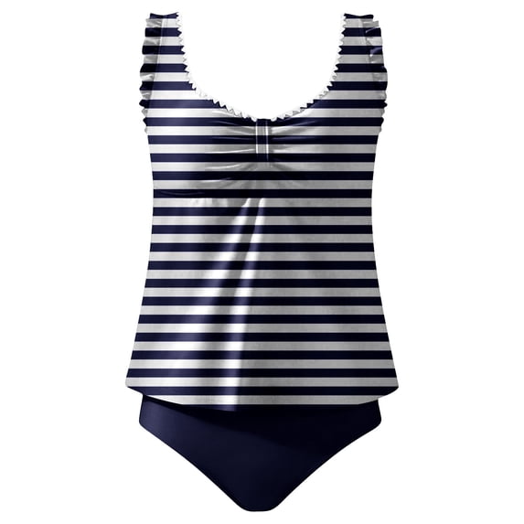 Levmjia Women's Striped Tankini Swimwear Set, Nylon Spandex Ruffled Swim Top & High Waisted Bottom, Tummy Control Plus Size Swimsuit S - 2XL for Beach Swim