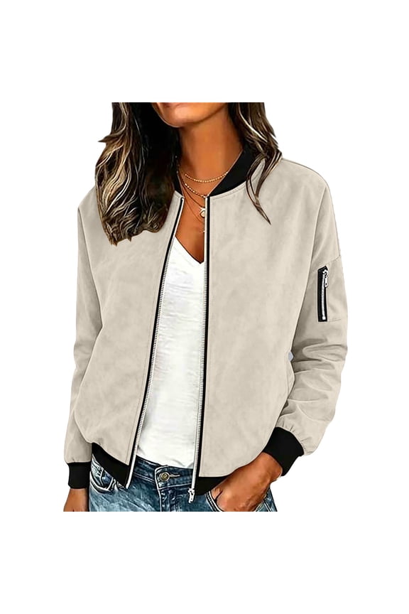 Women's Suede Bomber Jacket Casual Zip Up Long Sleeve Jacket with Pockets Solid Color Ribbed Trim Lapel Fall Winter Coat
