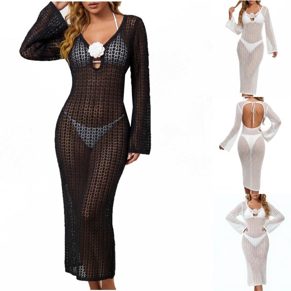 Levmjia Women's Summer Beach Cover Up Dress Long Sleeve Hollow Out Waist Crochet Knit Swimsuit Cover Up Sexy Backless Vacation Maxi Dress with Flower